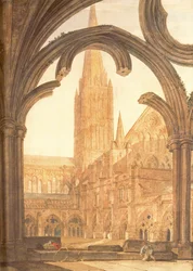 Södra vyn av katedralen i Salisbury från klostren, 1802